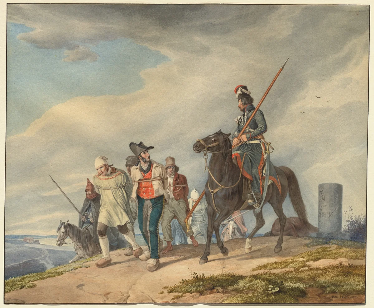 Three Armed Riders Escorting Prisoners near Reims by Peter von Hess, drawing, 1825