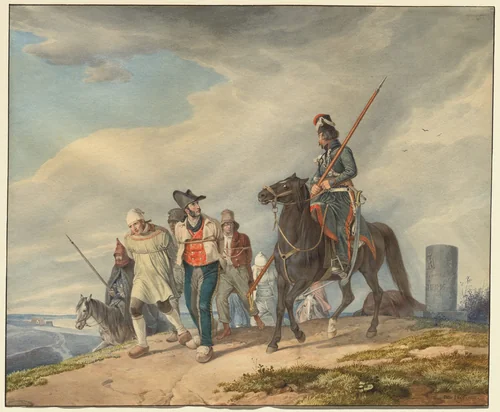 Three Armed Riders Escorting Prisoners near Reims by Peter von Hess, drawing, 1825