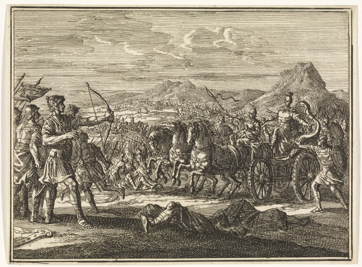 Dood van Achab op zijn strijdwagen by Jan Luyken, print, 1712