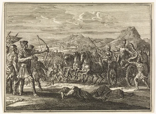 Dood van Achab op zijn strijdwagen by Jan Luyken, print, 1712
