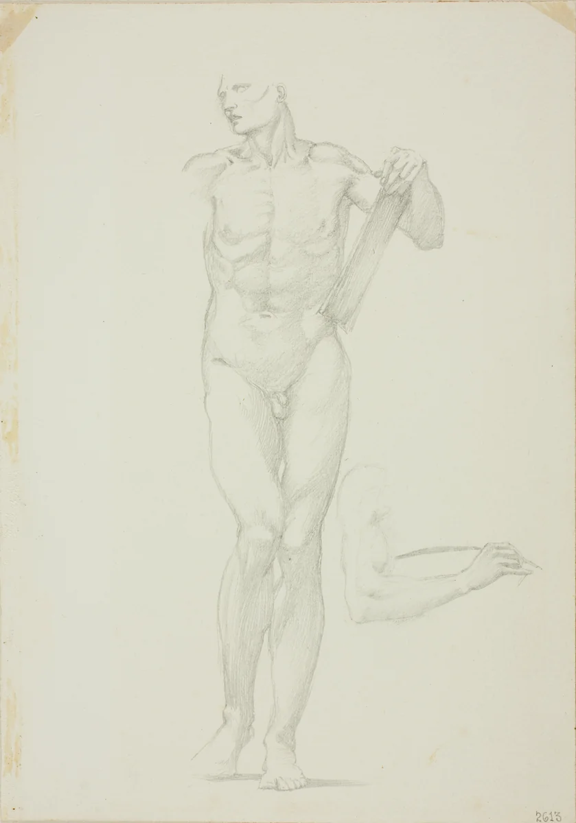 Standing Male with Tablet; separate sketch of right arm by Edward Burne-Jones, drawing, 1863-1877