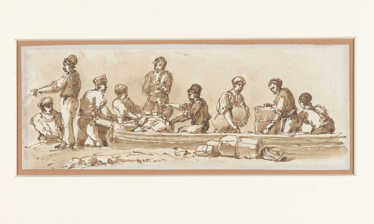 Italiaanse schippers en reizigers in een boot by Victor Jean Nicolle, drawing, 1787-1811