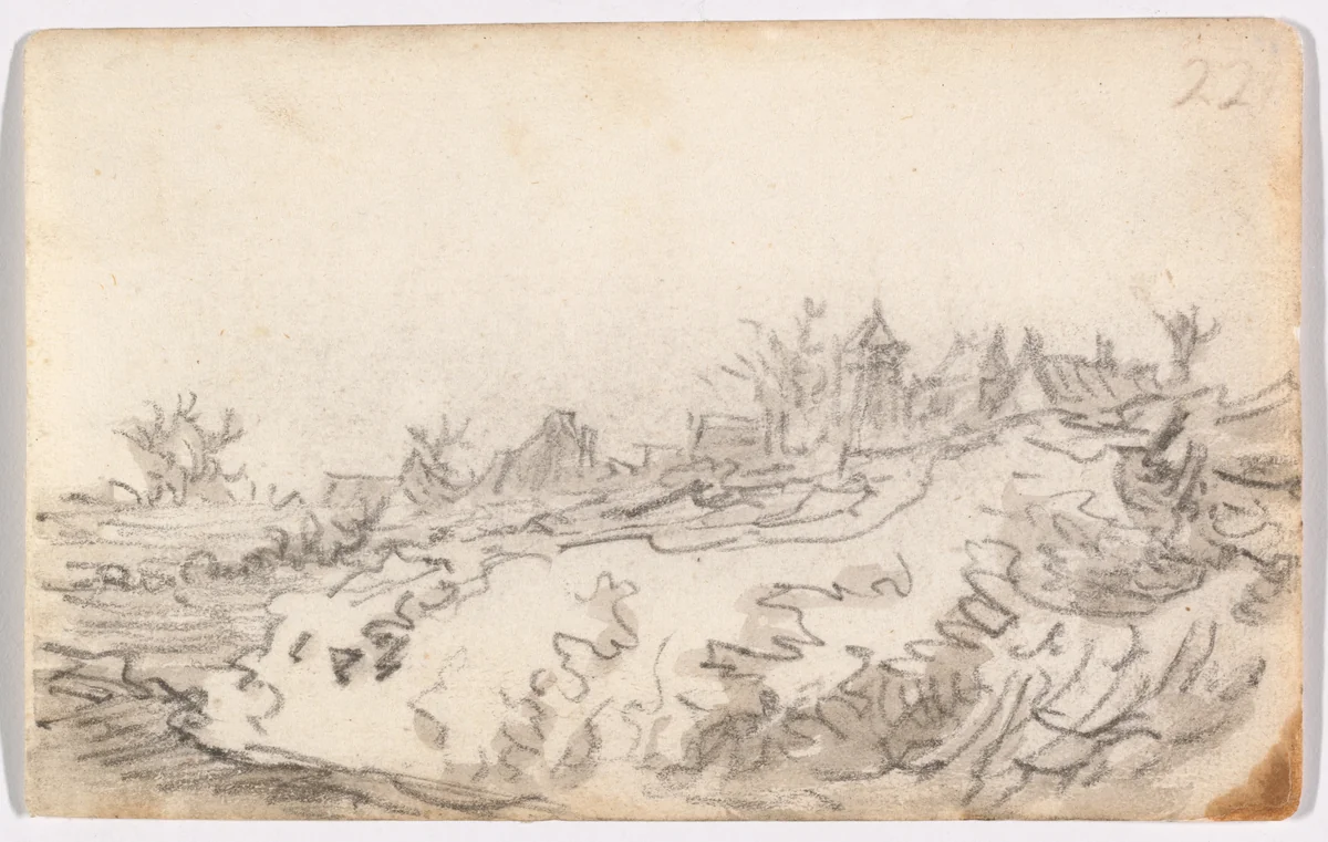 Village on Sunny Hillside by Jan van Goyen, drawing, 1650-1651