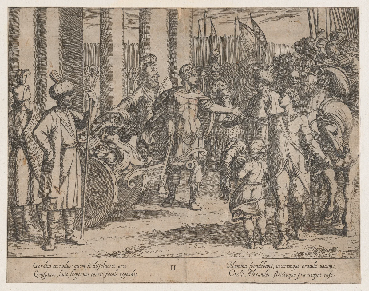 Plate 2: Alexander Cutting the Gordian Knot, from "The Deeds of Alexander the Great" by Antonio Tempesta, print, 1608