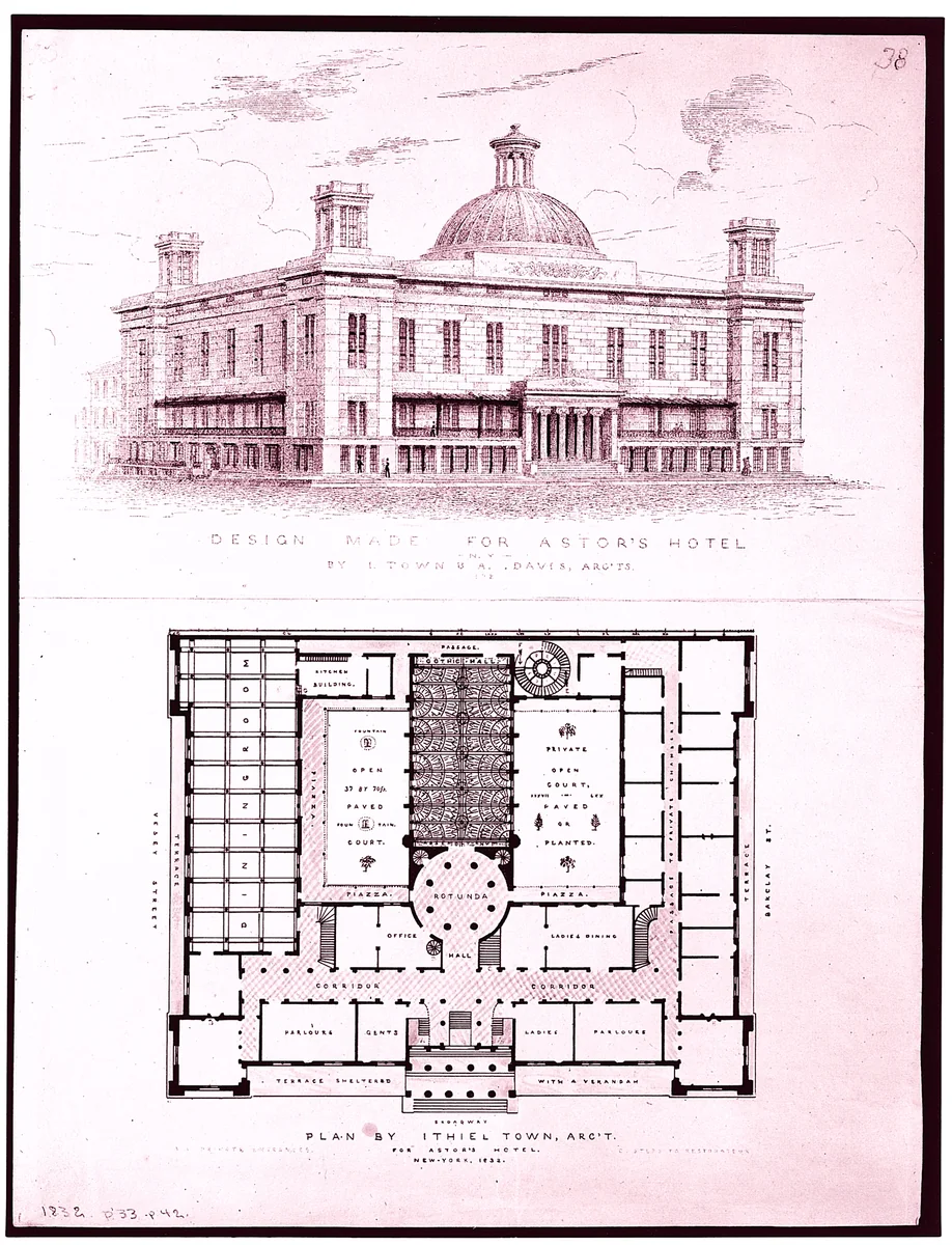 Design for Astor's Hotel, New York by Alexander Jackson Davis, print, 1834