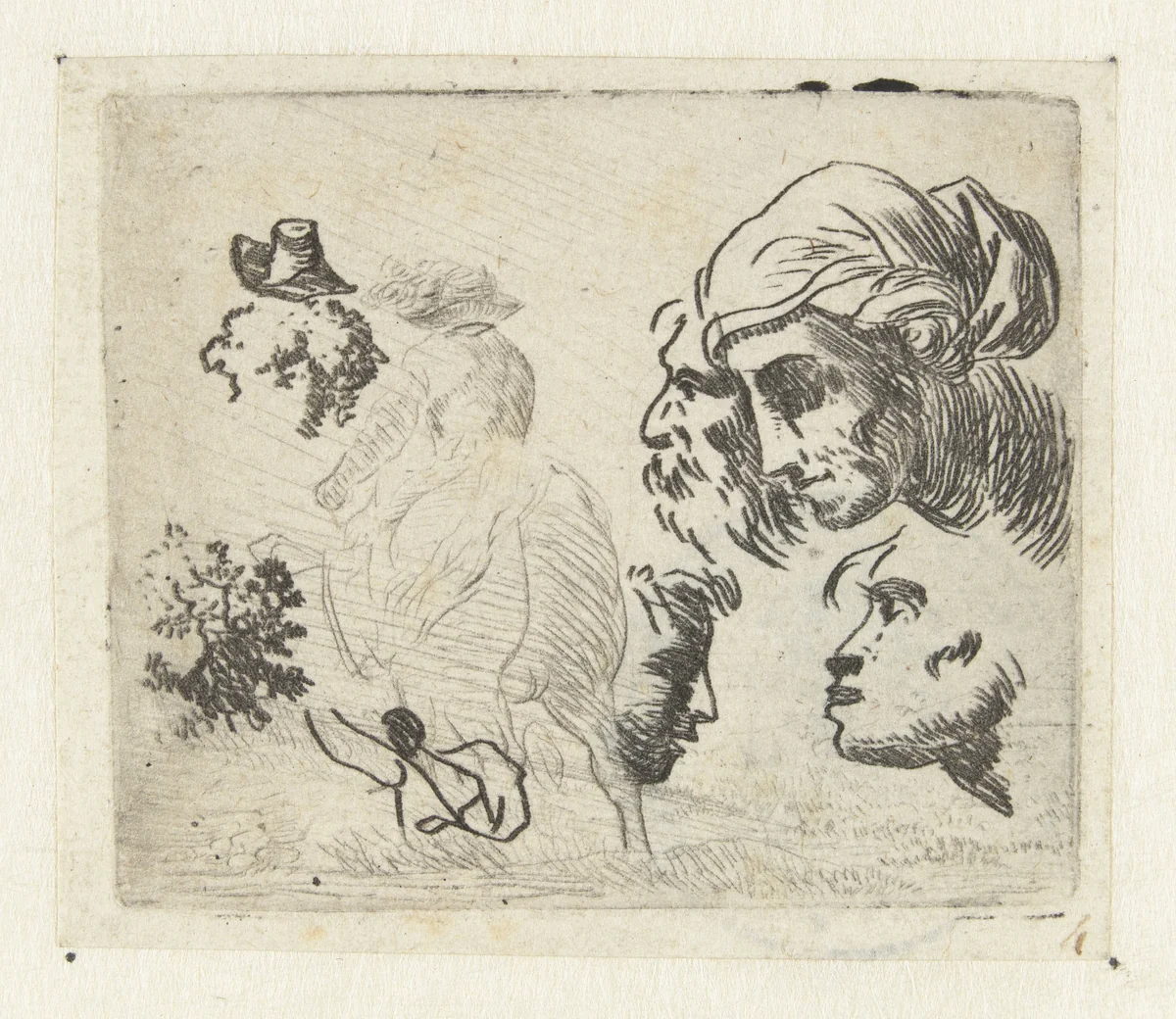 Studieblad met hoofden en ruiters by Karel du Jardin, print, 1652-1659