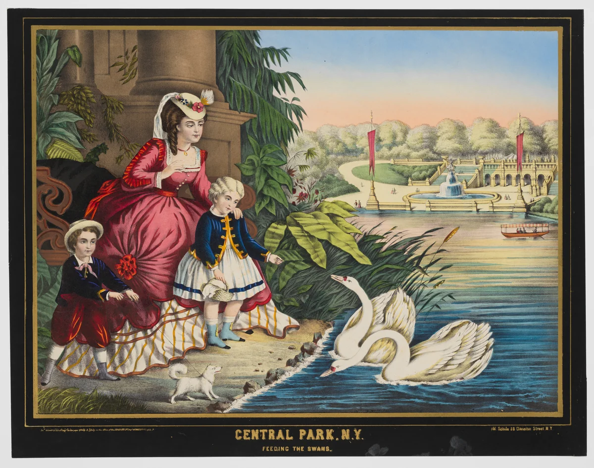 Central Park, New York, Feeding the Swans by George Schlegel, print, 1874