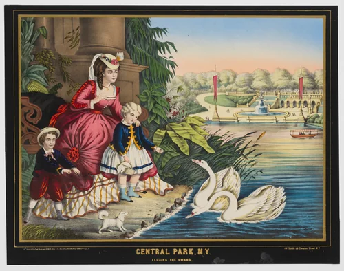 Central Park, New York, Feeding the Swans by George Schlegel, print, 1874