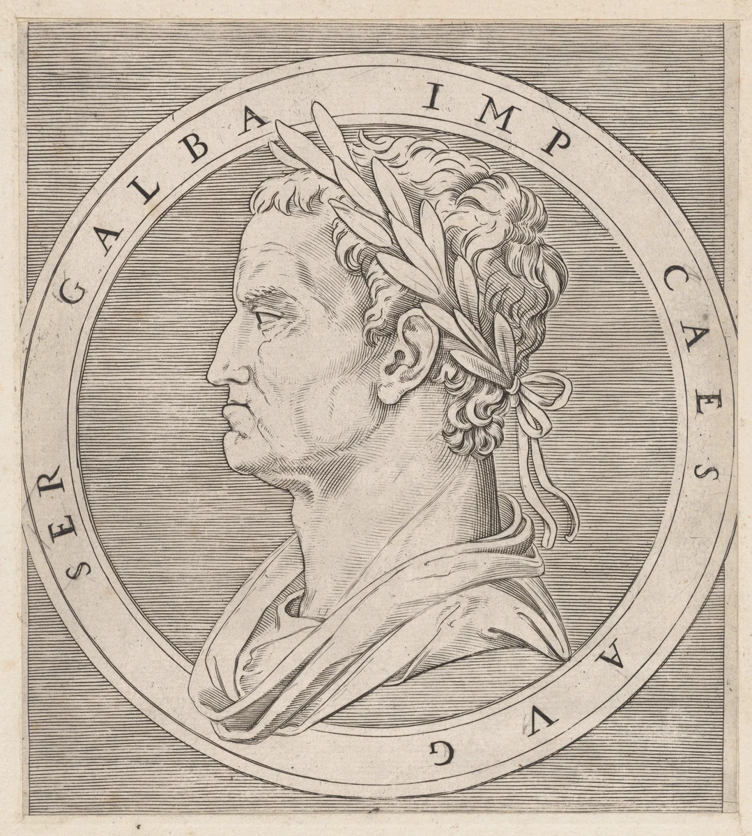Galba, from The Twelve Caesars, from "Speculum Romanae Magnificentiae" by Marcantonio Raimondi, print, 1495-1539