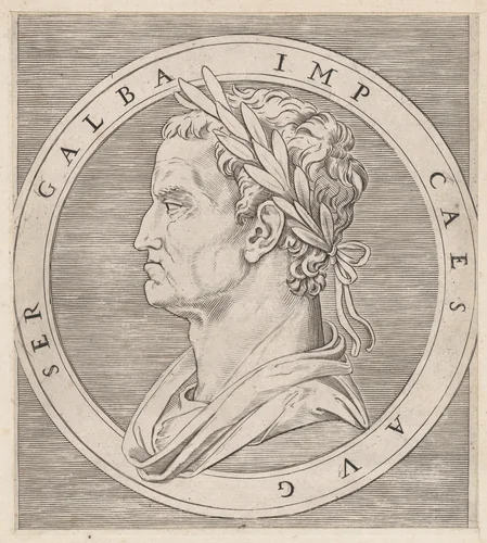 Galba, from The Twelve Caesars, from "Speculum Romanae Magnificentiae" by Marcantonio Raimondi, print, 1495-1539