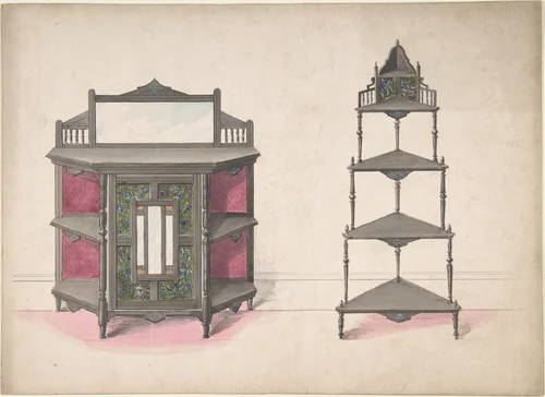 Design for a Mirrored Cabinet and a Set of Corner Shelves by anonymous, drawing, 1800-1899