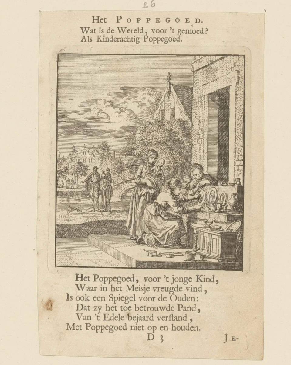 Meisjes stallen op de stoep poppenservies uit by Jan Luyken, print, 1712