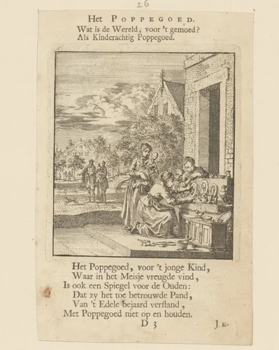 Meisjes stallen op de stoep poppenservies uit by Jan Luyken, print, 1712