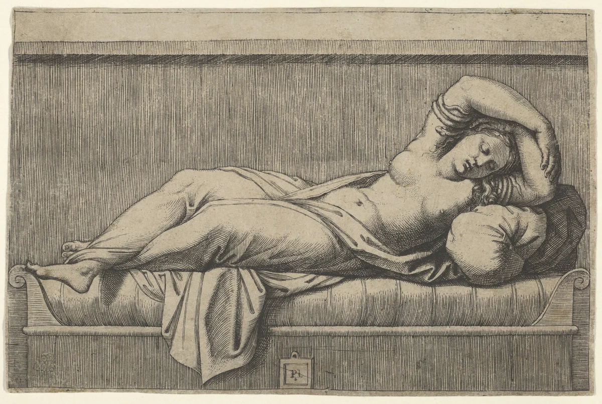 Cleopatra lying partly naked on a bed by Marcantonio Raimondi, print, 1510-1520