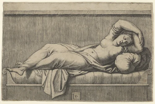 Cleopatra lying partly naked on a bed by Marcantonio Raimondi, print, 1510-1520