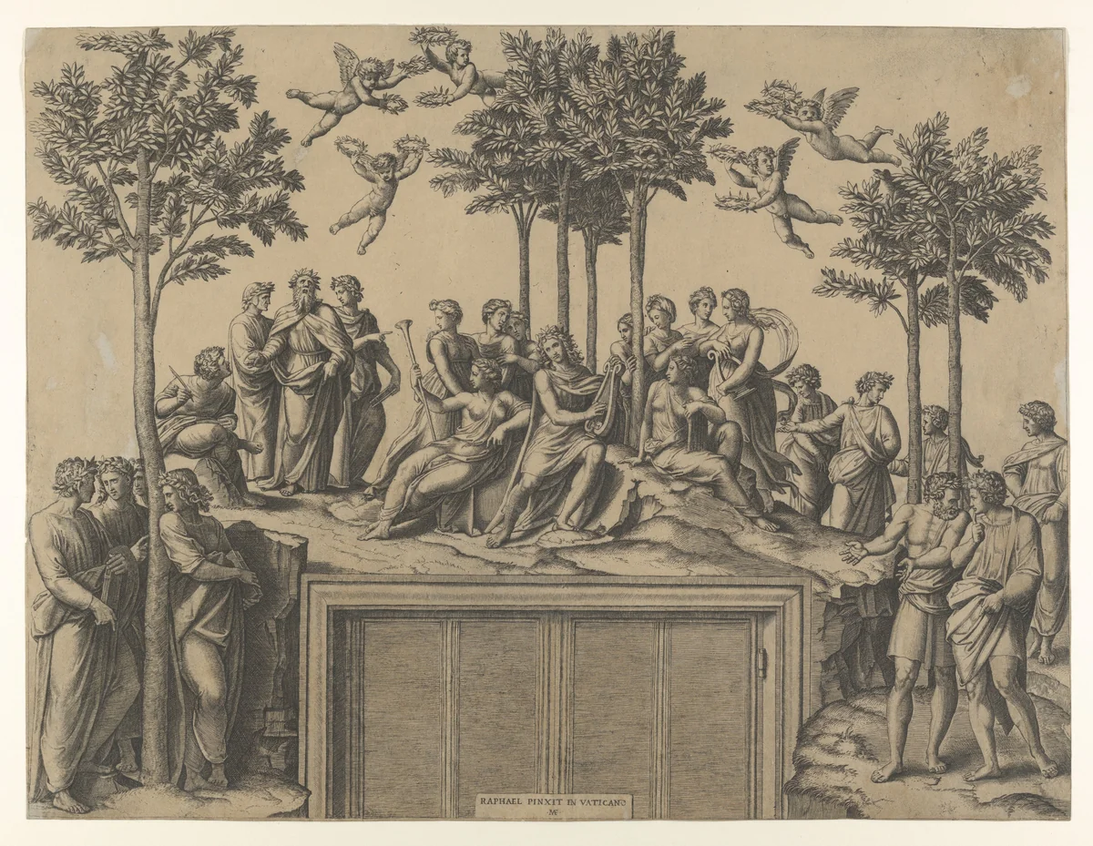 Apollo sitting on Parnassus surrounded by the muses and famous poets by Marcantonio Raimondi, print, 1512-1525