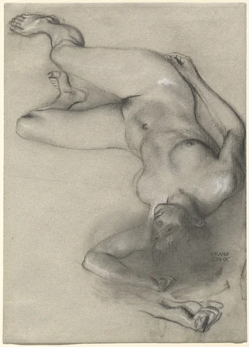 Nude Woman Lying on the Ground by Franz von Stuck, drawing, 1896