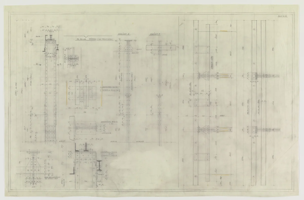 Hermann Lange House, Krefeld, Germany (Sections; framing system, structural detail.) by Ludwig Mies van der Rohe, mies van der rohe archive, 1927