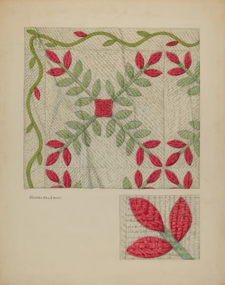 Quilt (Red and Green Leaves) by Charles Roadman, index of american design, 1941