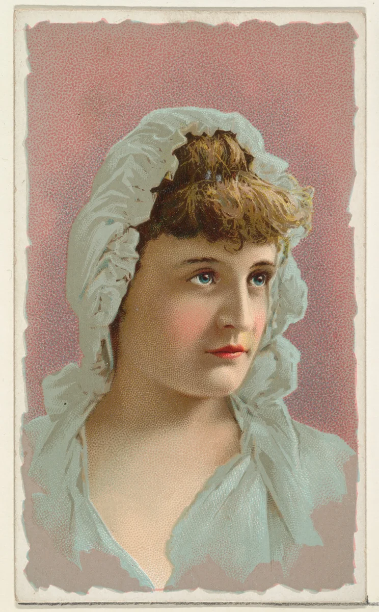 Actress wearing white cloth bonnet, from Stars of the Stage, First Series (N129) issued by W. Duke, Sons & Co. to promote Honest Long Cut Tobacco by W. Duke, Sons & Co., print, 1890
