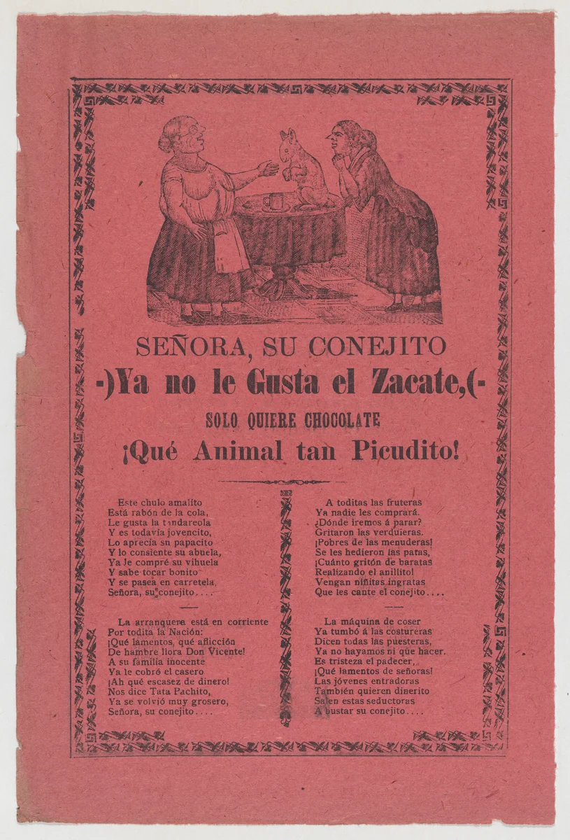 Broadsheet relating to the rabbit that does not like hay but only chocolate, a corrido (ballad) in the bottom section by José Guadalupe Posada, print, 1903