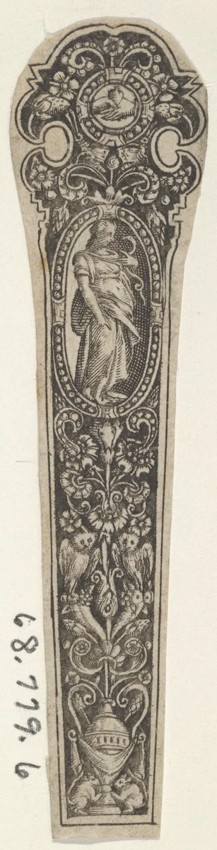 Design for a Knife Handle with the Personification of Prudence by Johann Theodor de Bry, print, 1580-1600
