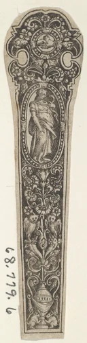 Design for a Knife Handle with the Personification of Prudence by Johann Theodor de Bry, print, 1580-1600