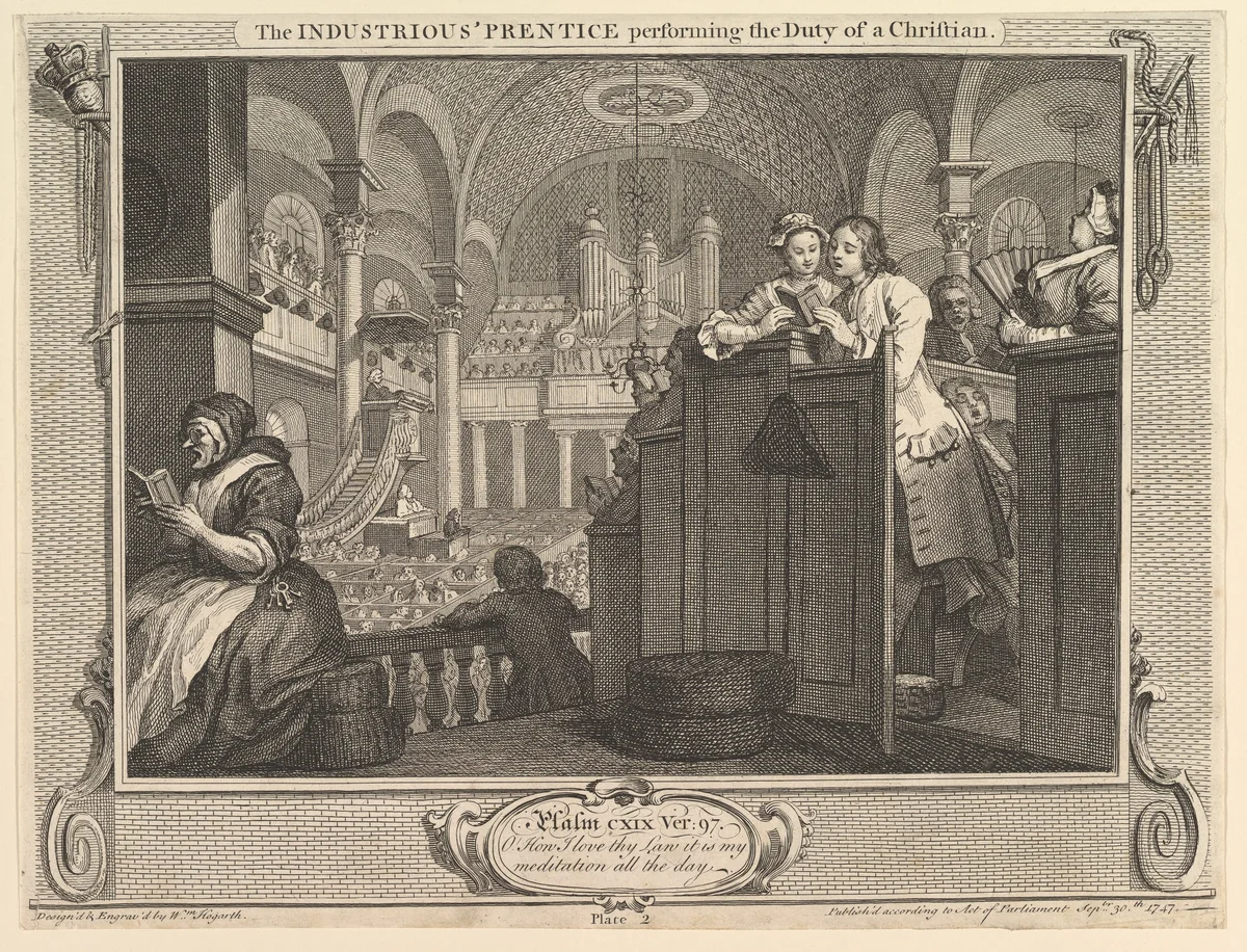 The Industrious 'Prentice Performing the Duty of a Christian: IIndustry and Idleness, plate 2 by William Hogarth, print, 1747