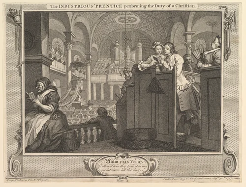The Industrious 'Prentice Performing the Duty of a Christian: IIndustry and Idleness, plate 2 by William Hogarth, print, 1747
