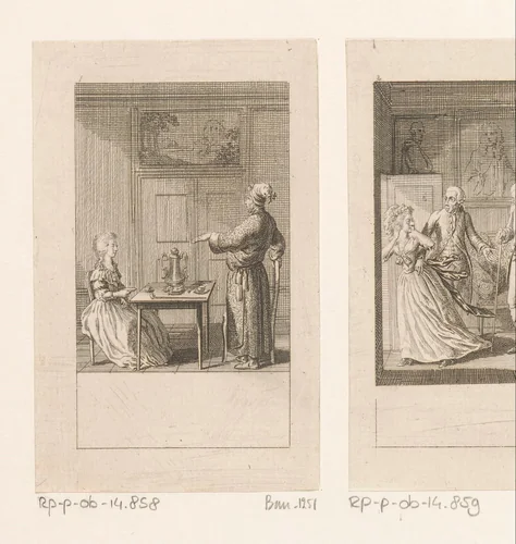 Caroline spreekt met haar vader over haar huwelijksmogelijkheden by Daniel Nikolaus Chodowiecki, print, 1786
