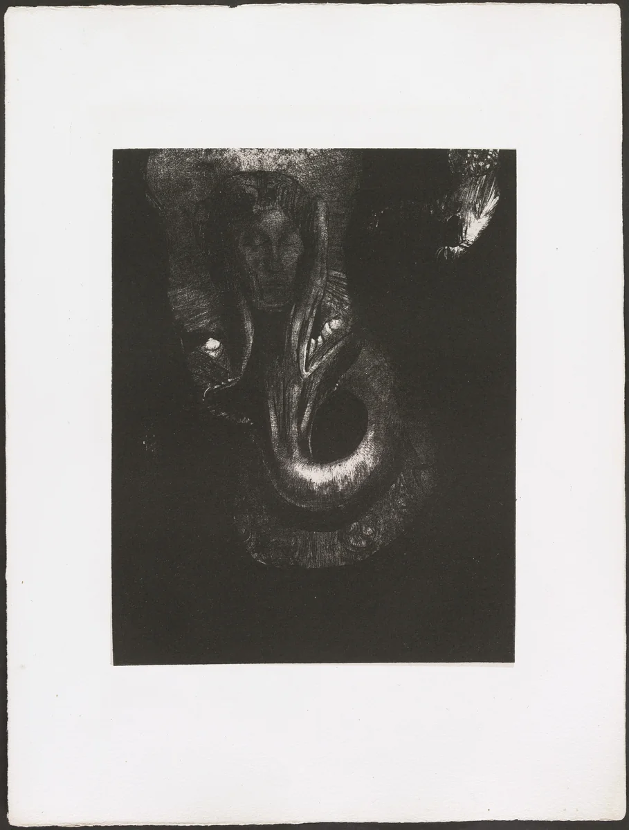 Oannès: I, the First Consciousness of Chaos, Arose from the Abyss to Harden Matter, to Regulate Forms (Oannès: Moi, la première conscience du chaos, j'ai surgi de l'abîme pour durcir la matière, pour régler les formes) (plate XII) from La Tentation de Saint-Antoine by Odilon Redon, illustrated book, 1896