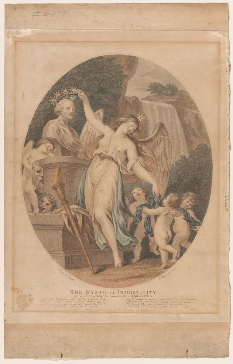 The Nymph of Immortality, Attended by the Loves, Crowning the Bust of Shakespeare by Francesco Bartolozzi, print, 1784