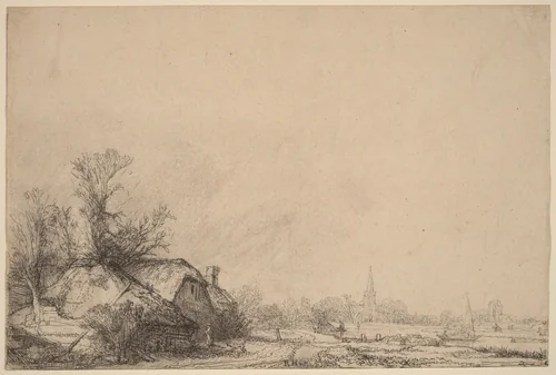 Cottage beside a Canal by Rembrandt van Rijn, print, 1645