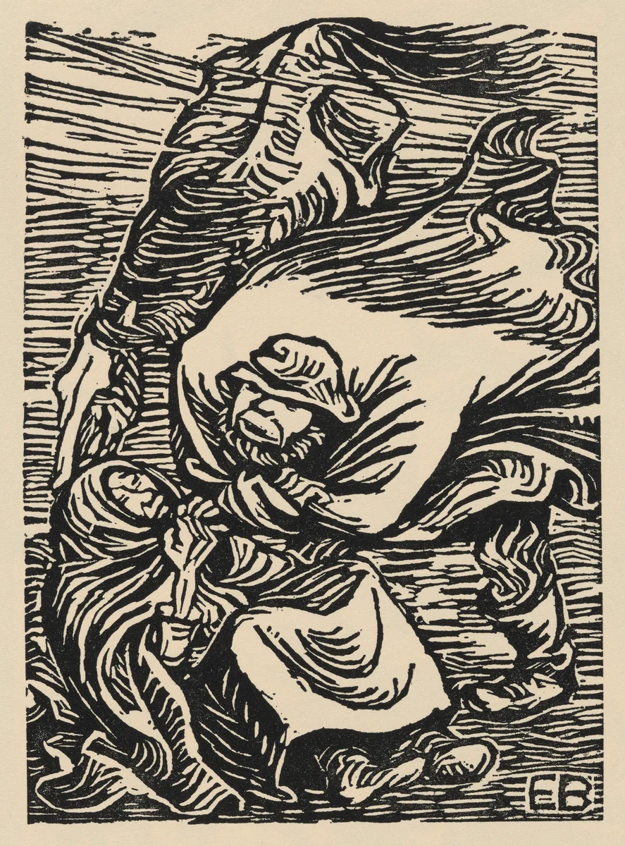 Gruppe im Sturm (Couple in a Storm) from Deutsche Graphiker der Gegenwart (German Printmakers of Our Time) by Ernst Barlach, print, 1919