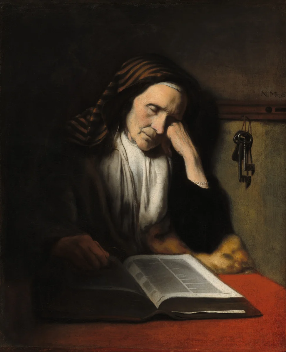 An Old Woman Dozing over a Book by Nicolaes Maes, painting, 1655