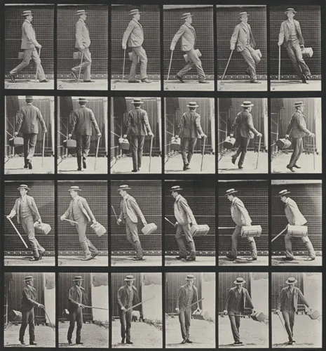 Plate Number 49. Walking and turning around rapidly with a satchel in one hand, a cane in the other by Eadweard Muybridge, photograph, 1887