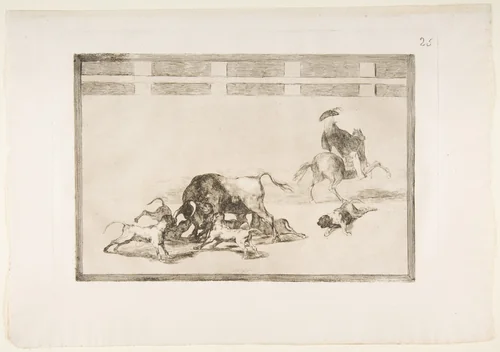 Plate 25 from "La Tauromaquia": They loose dogs on the bull by Goya, print, 1816