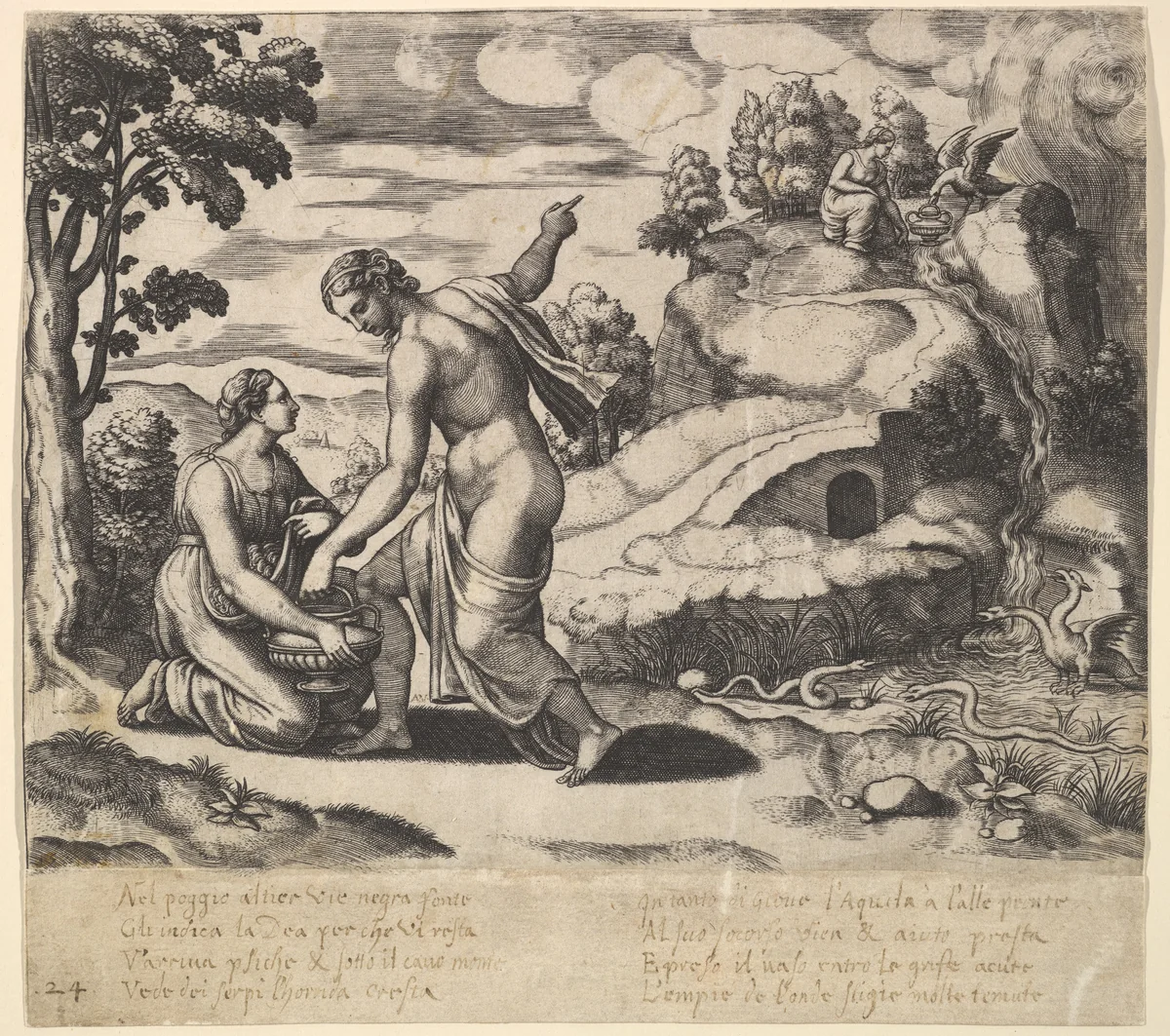 Venus ordering Psyche to take water from a fountain guarded by dragons, from "Fable of Cupid and Psyche" by Master of the Die, print, 1530-1560