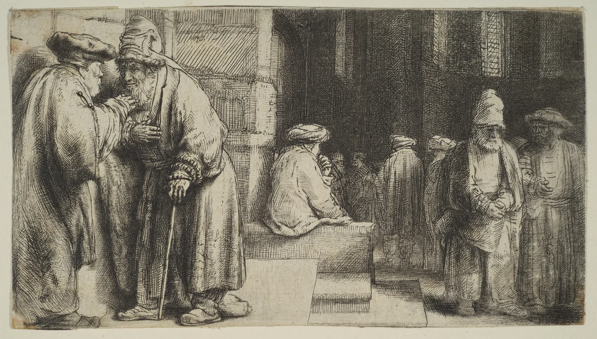 Jews in a Synagogue by Rembrandt van Rijn, print, 1648