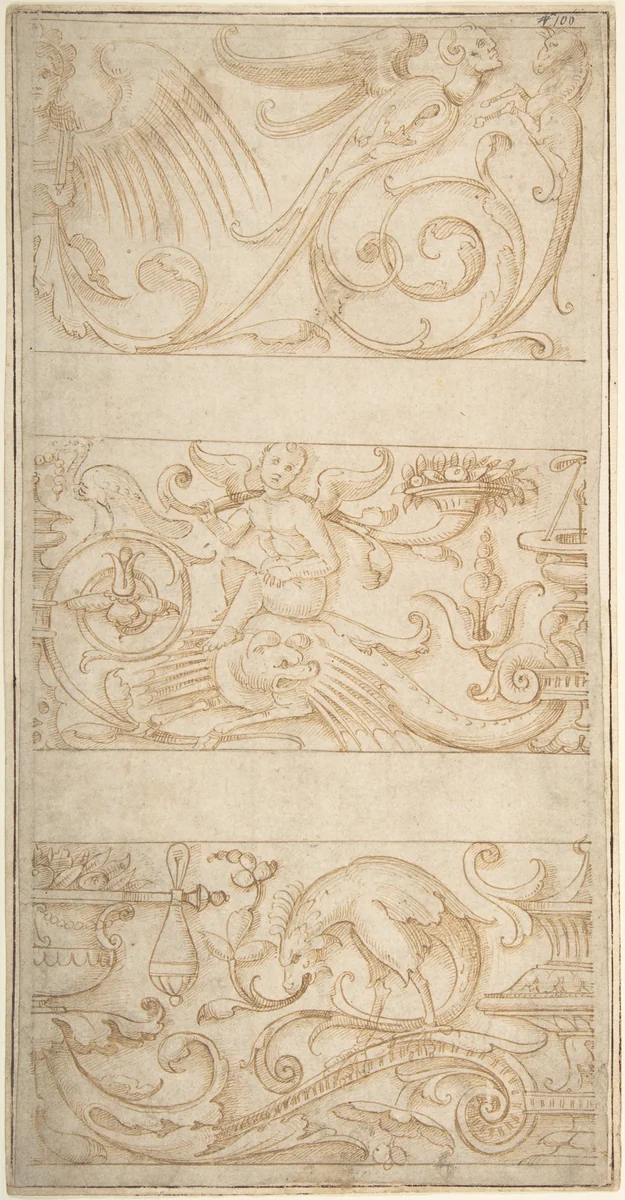 Antique-Style Ornamental Frieze Designs: Grotesques with Winged Infant, Masks, and Fantastic Animals by anonymous, drawing, 1500-1550