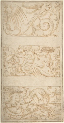 Antique-Style Ornamental Frieze Designs: Grotesques with Winged Infant, Masks, and Fantastic Animals by anonymous, drawing, 1500-1550
