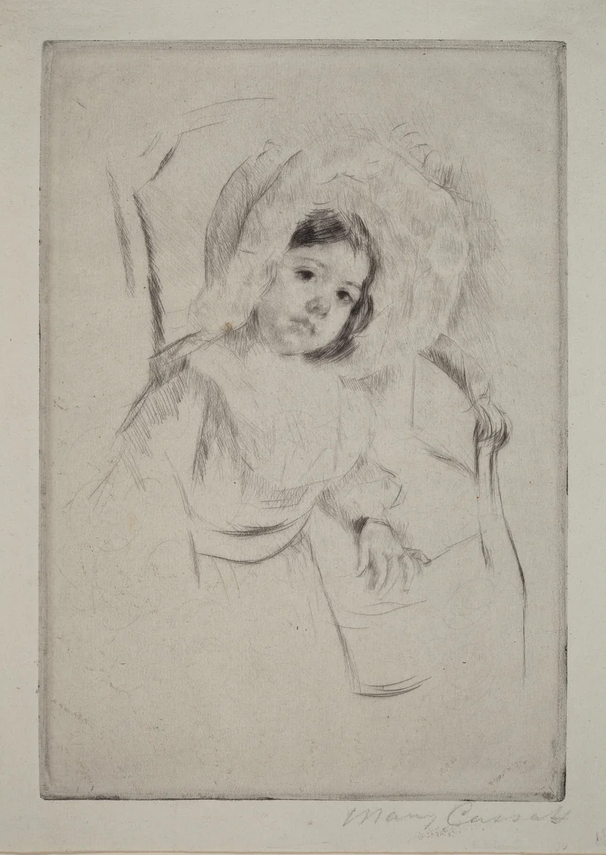 Margot in a Floppy Bonnet Leaning against a Chair by Mary Cassatt, print, 1902