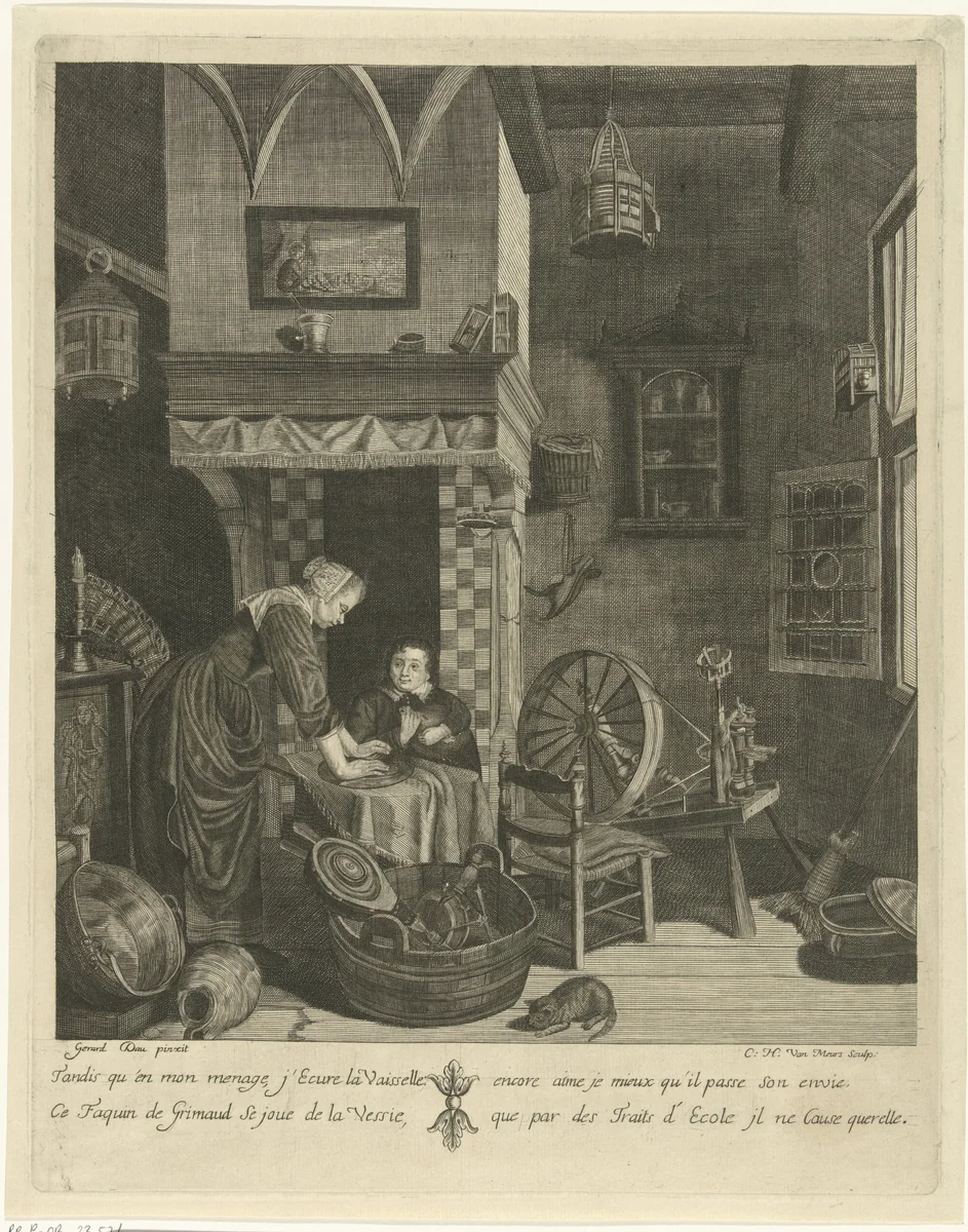 Kitchen interior with a woman and a boy by Cornelis-Henricus van Meurs, print, 1720-1730