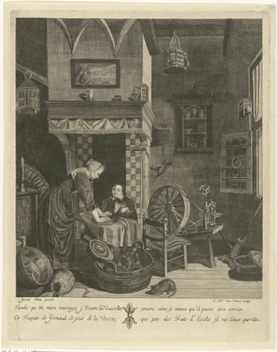 Kitchen interior with a woman and a boy by Cornelis-Henricus van Meurs, print, 1720-1730