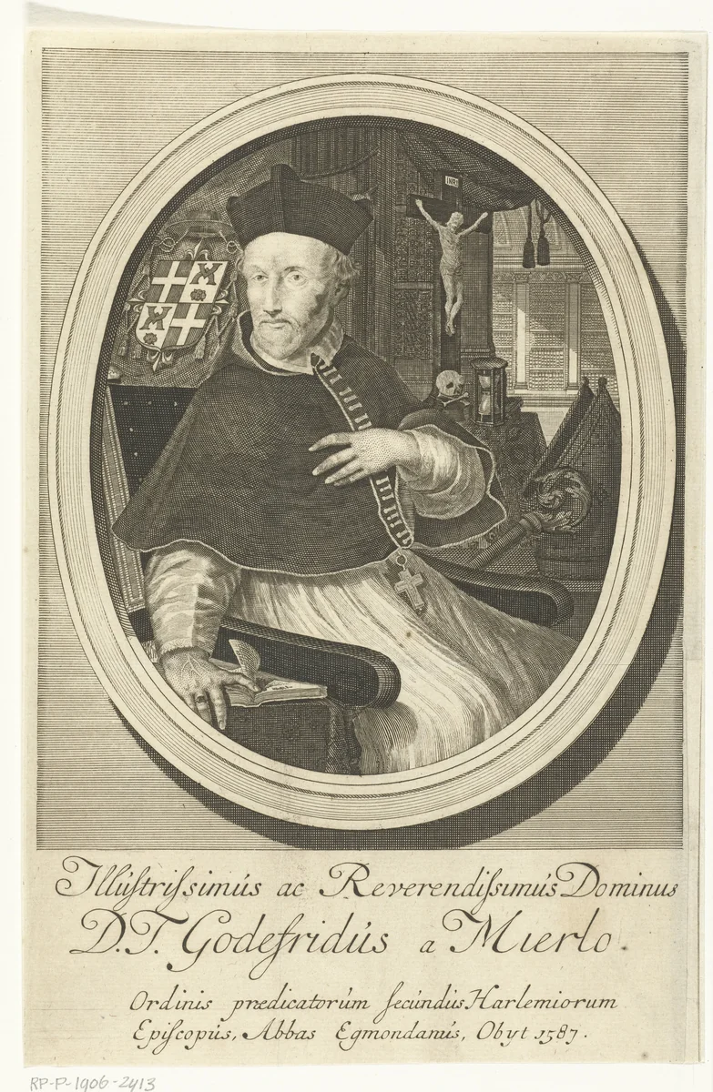 Portret van Godfried van Mierlo, bisschop van Haarlem by François van Bleyswijck, print, 1681-1726