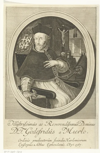 Portret van Godfried van Mierlo, bisschop van Haarlem by François van Bleyswijck, print, 1681-1726