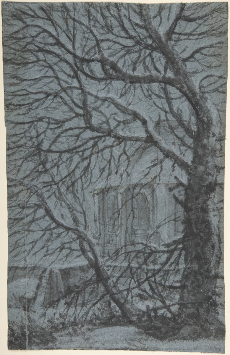 Apse of a Church Seen Through the Snowy Branches of a Tree by Anthonie Waterloo, drawing, 1620-1690
