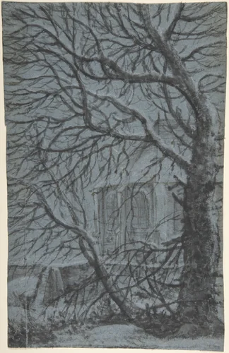 Apse of a Church Seen Through the Snowy Branches of a Tree by Anthonie Waterloo, drawing, 1620-1690