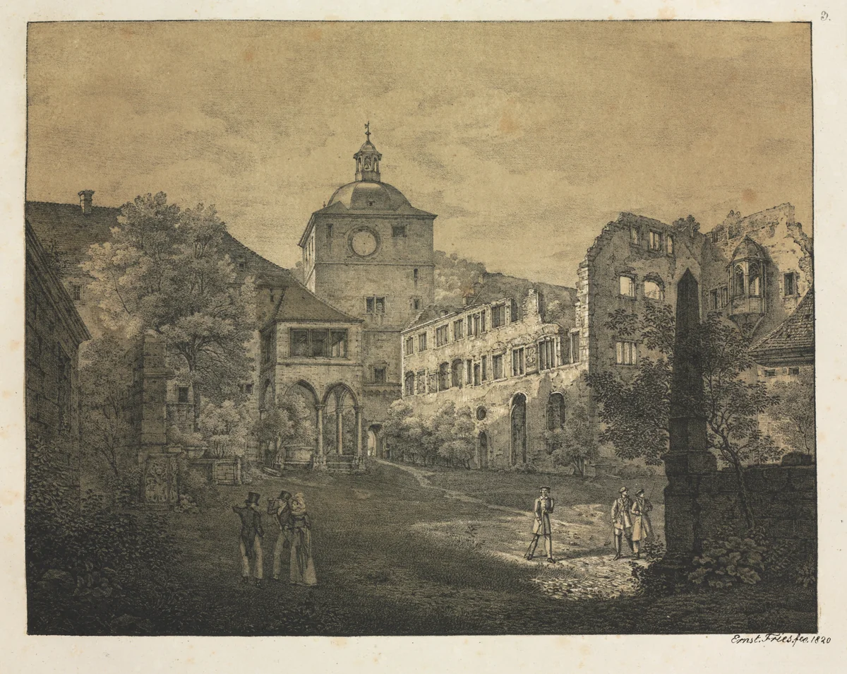 Six Views of Heidelberg Castle: Castle Terrace by Ernst Fries, print, 1820