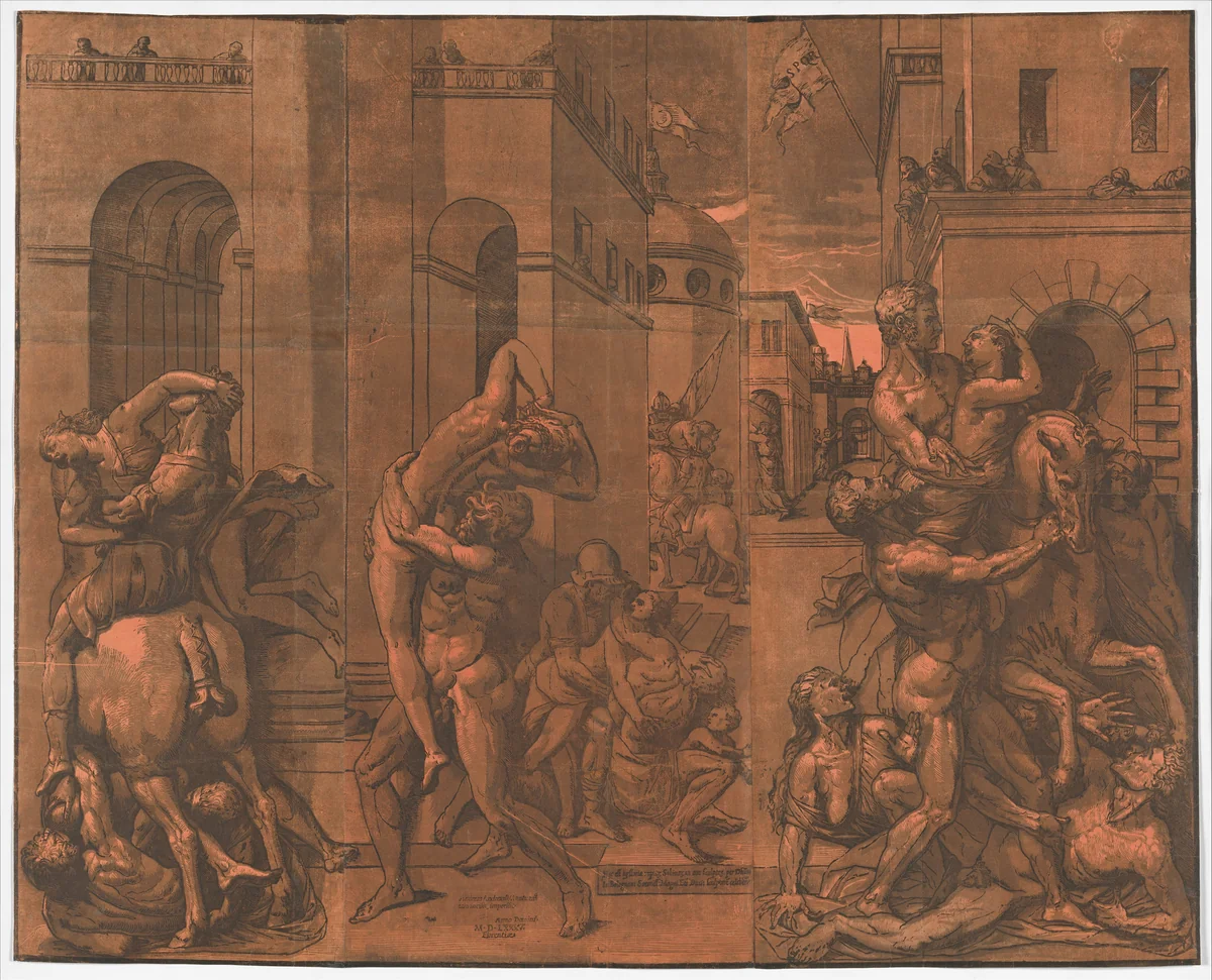 The Rape of the Sabines by Andrea Andreani, print, 1585